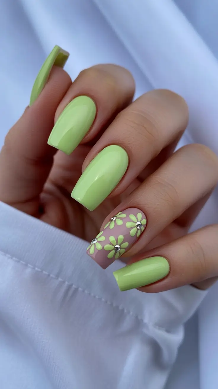 chic easy spring nail designs 2026 Lime Green Florals with Crystal Centers