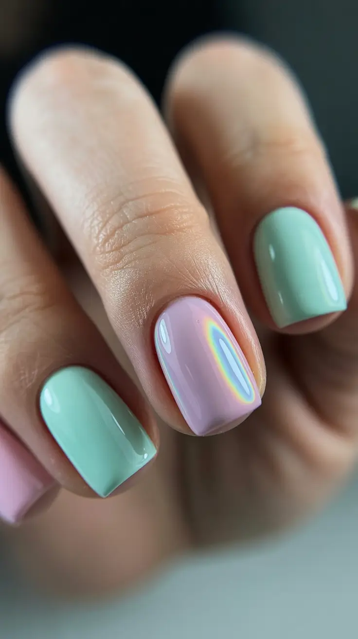chic easy spring nail designs 2026 Mint and Lilac with a Subtle Iridescent Glow