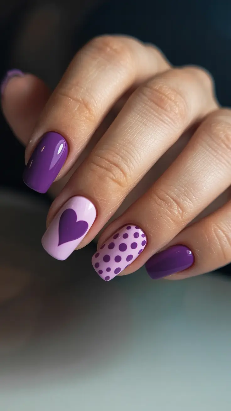 chic easy spring nail designs 2026 Graphic Purple Hearts with Playful Contrast