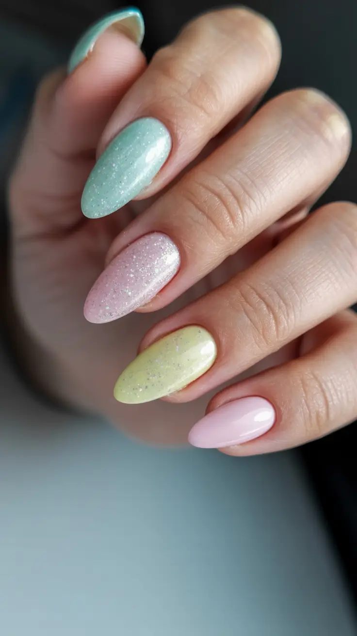chic easy spring nail designs 2026 Dreamy Almond Pastels with a Sparkle Touch