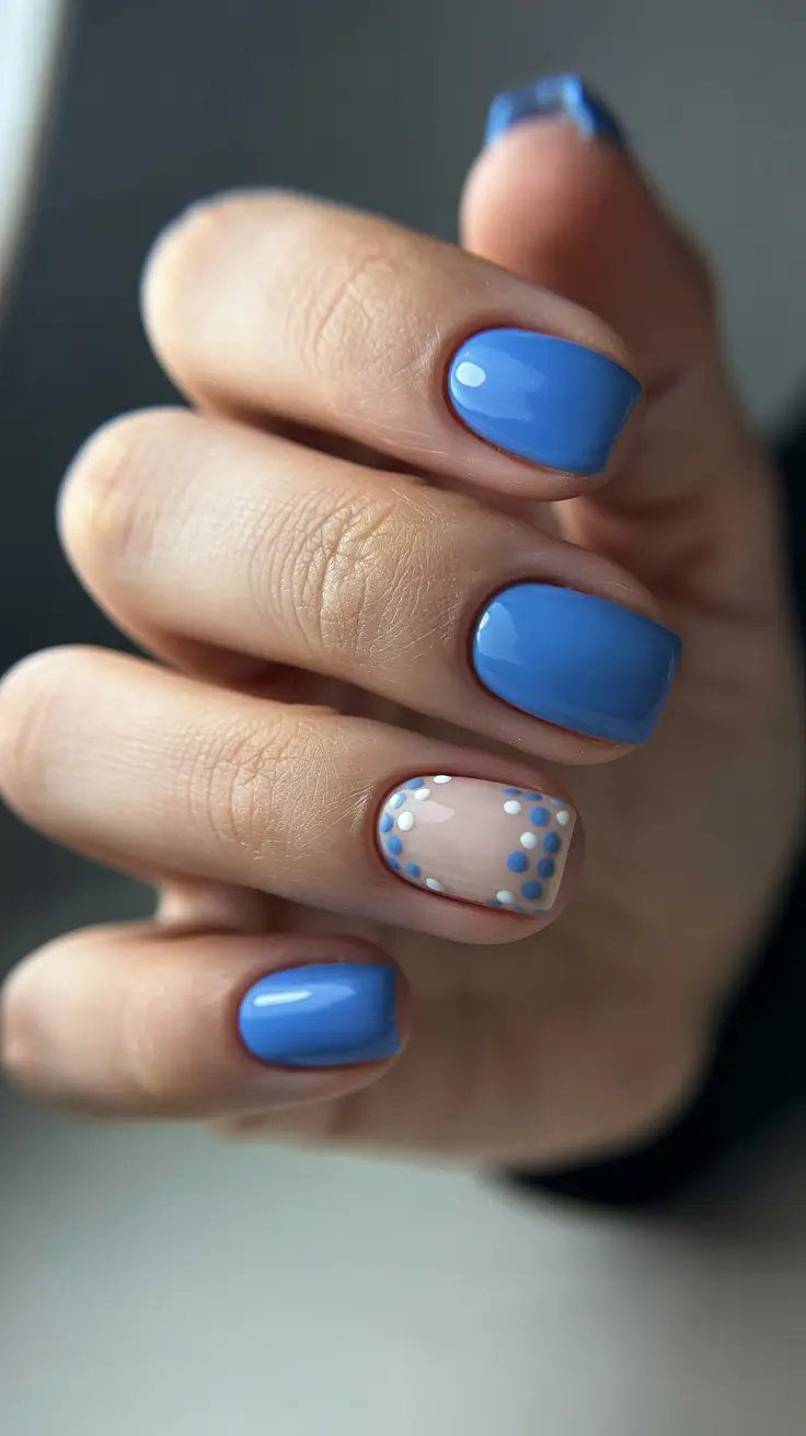 chic easy spring nail designs 2026 Powder Blue Minimalism with a Soft Polka Accent
