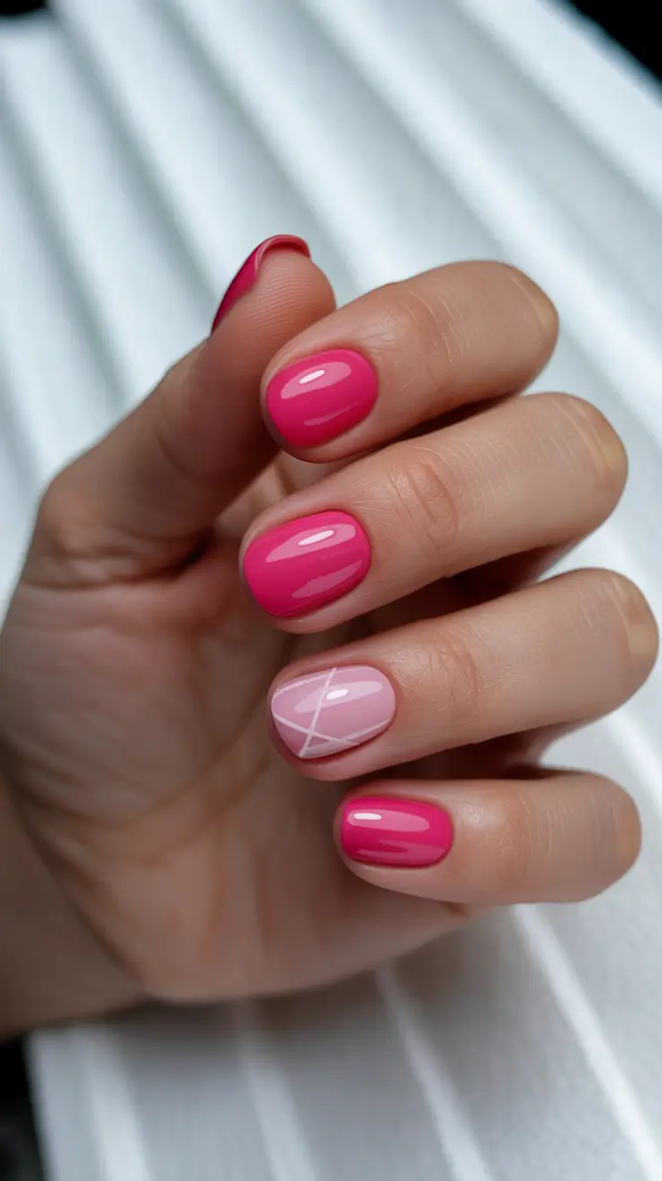 chic easy spring nail designs 2026 Glossy Fuchsia with a Graphic Blush Detail