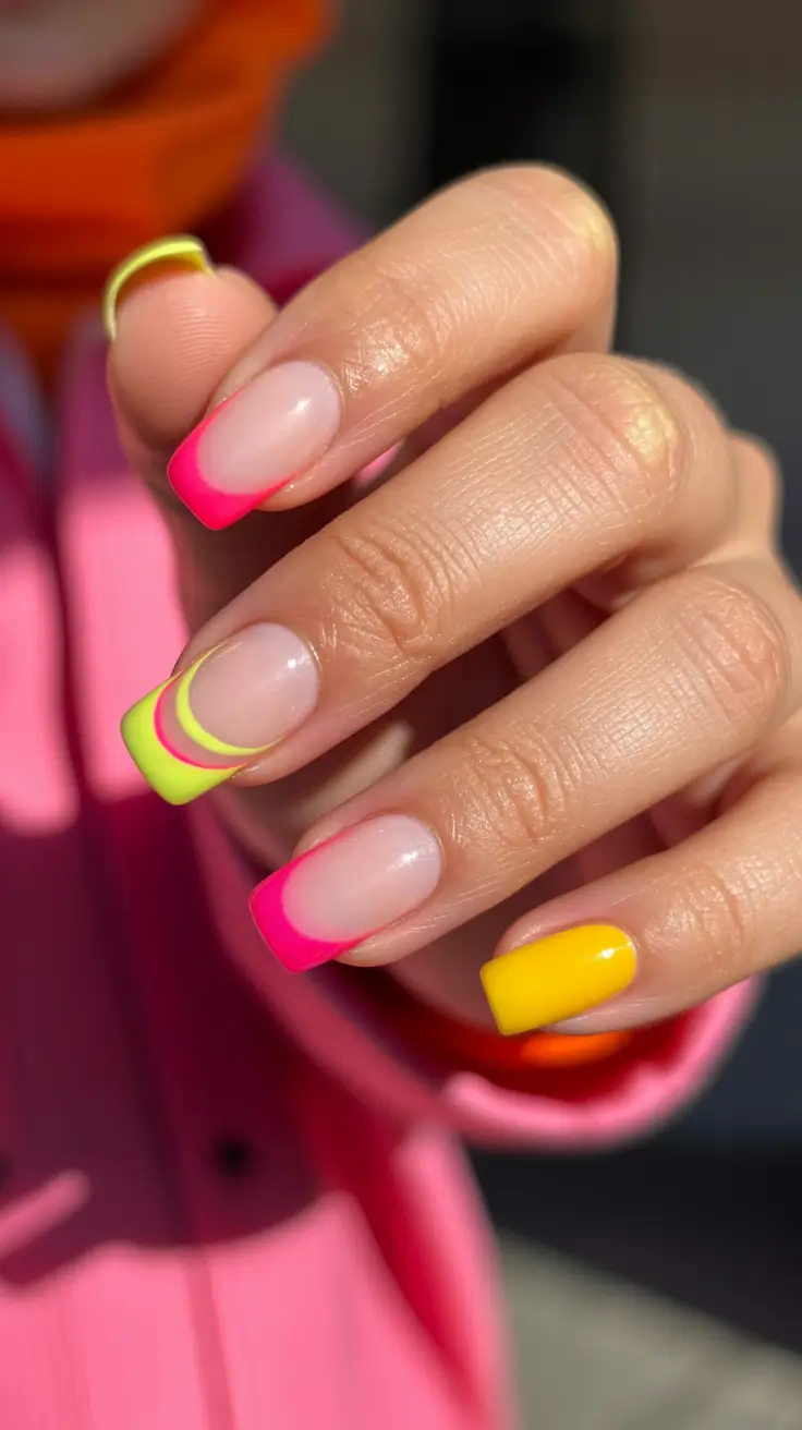chic easy spring nail designs 2026 Neon French Remix with Electric Yellow Accents