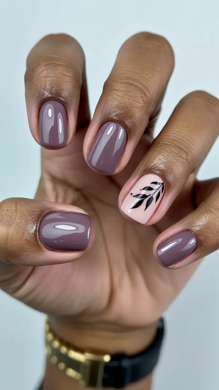 chic easy spring nail designs 2026 Muted Mauve with a Minimal Botanical Touch