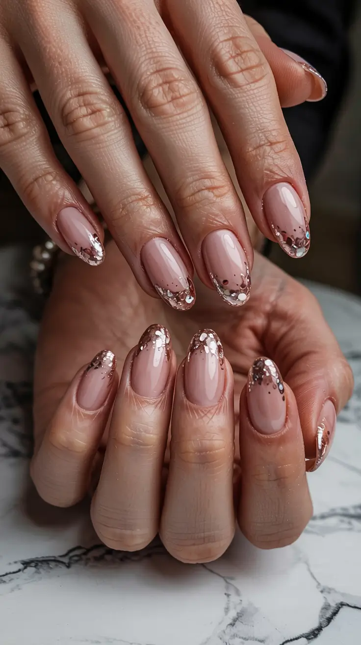 chic pretty spring nails design 2026 Rose quartz shimmer tips with soft sparkle
