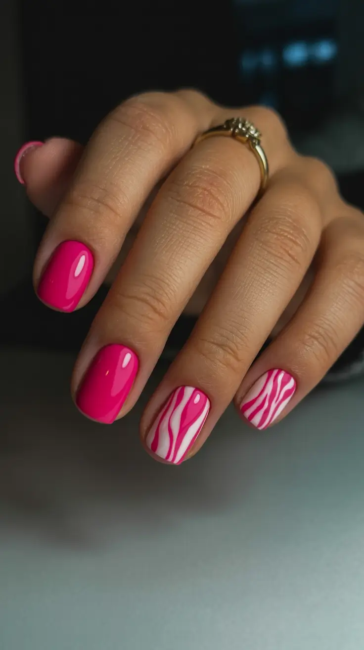 chic pretty spring nails design 2026 Hot pink gloss with modern zebra accent