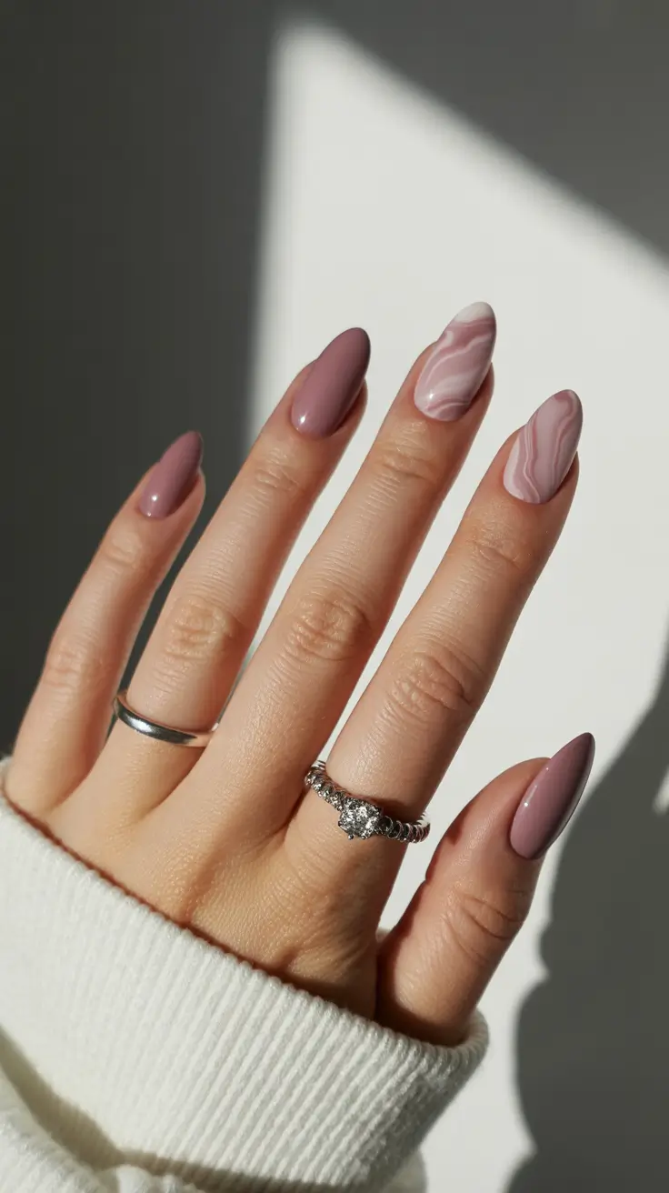 chic pretty spring nails design 2026 Dusty mauve marble with soft stone movement