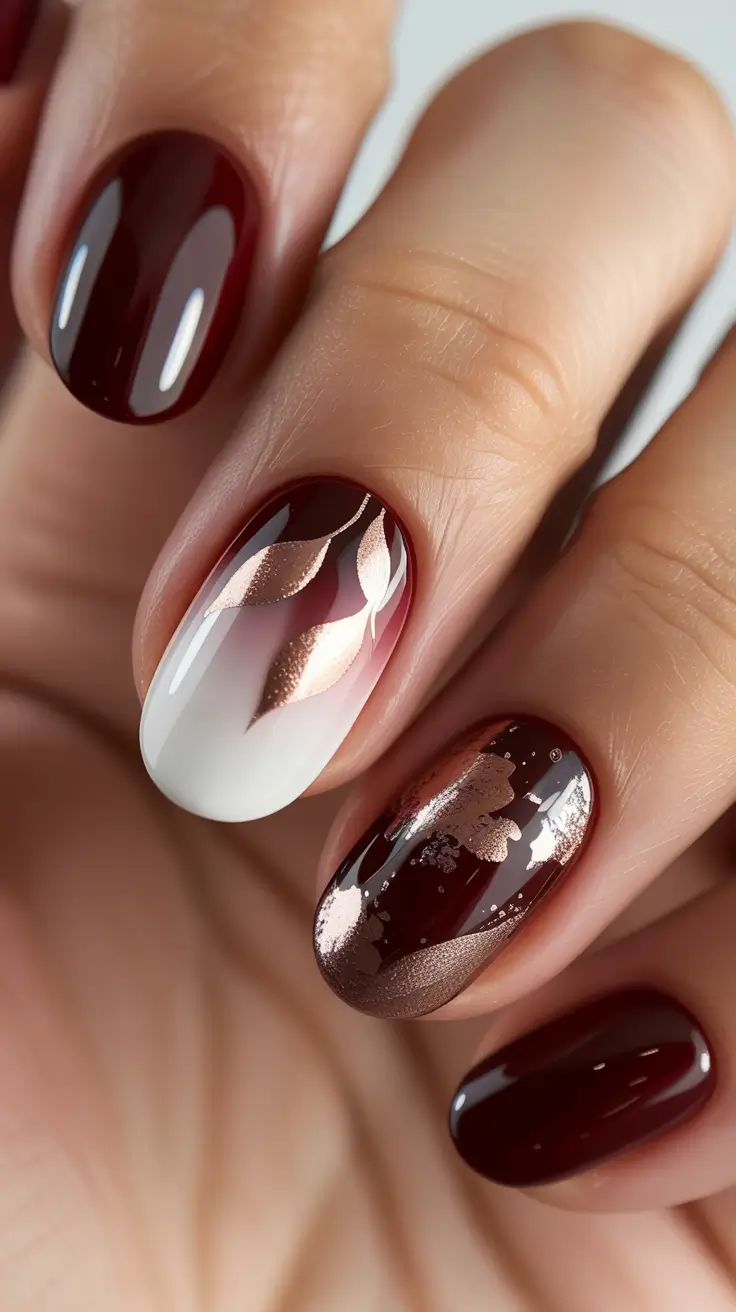 chic pretty spring nails design 2026 Deep cherry gloss with rose gold botanical accents