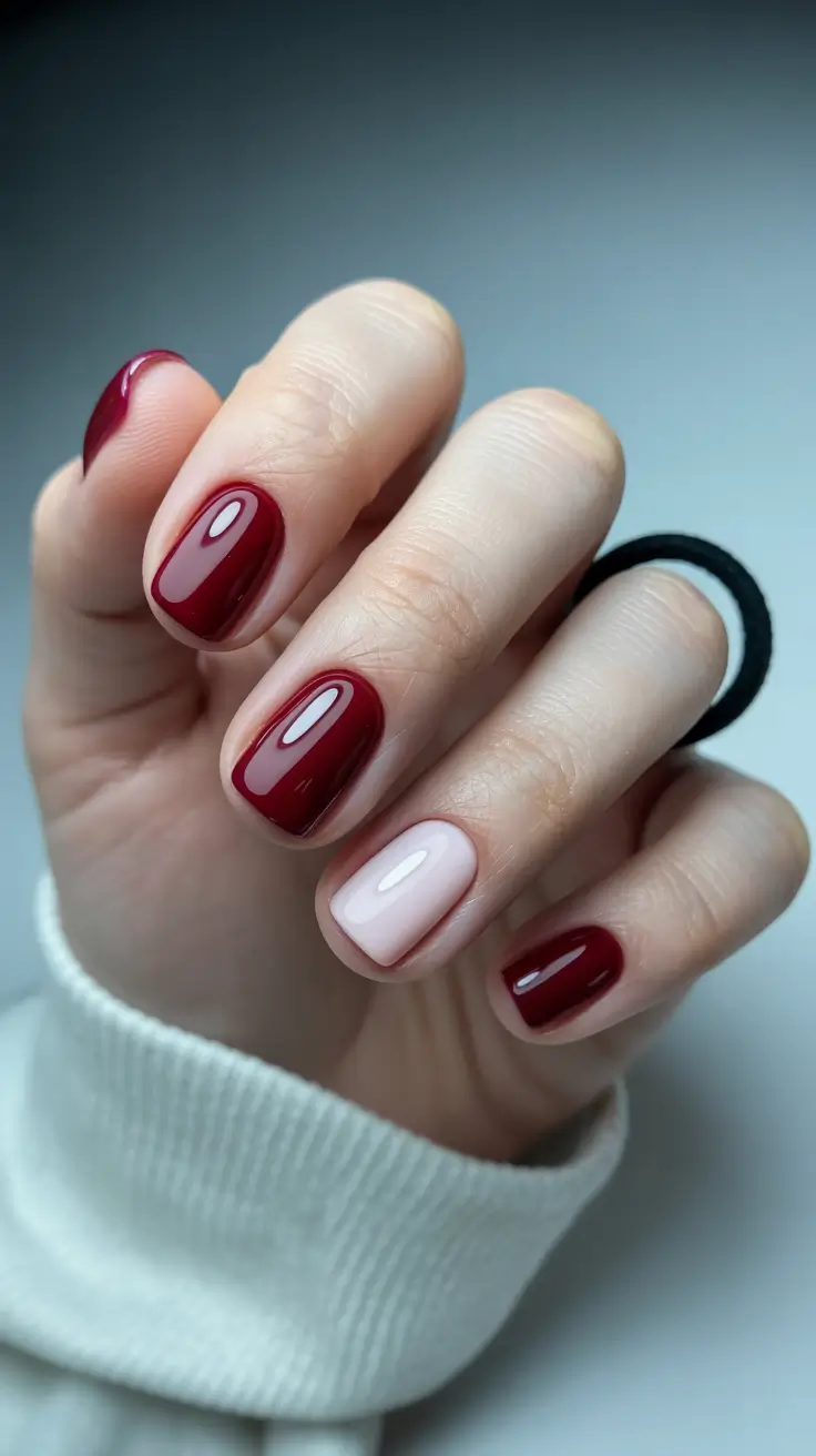 chic pretty spring nails design 2026 Classic ruby red with minimalist blush accent