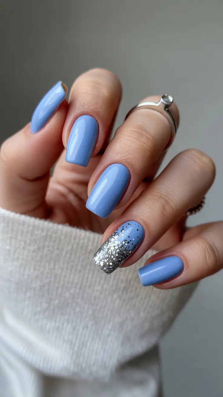 chic pretty spring nails design 2026 Powder blue gloss with silver glitter fade accent