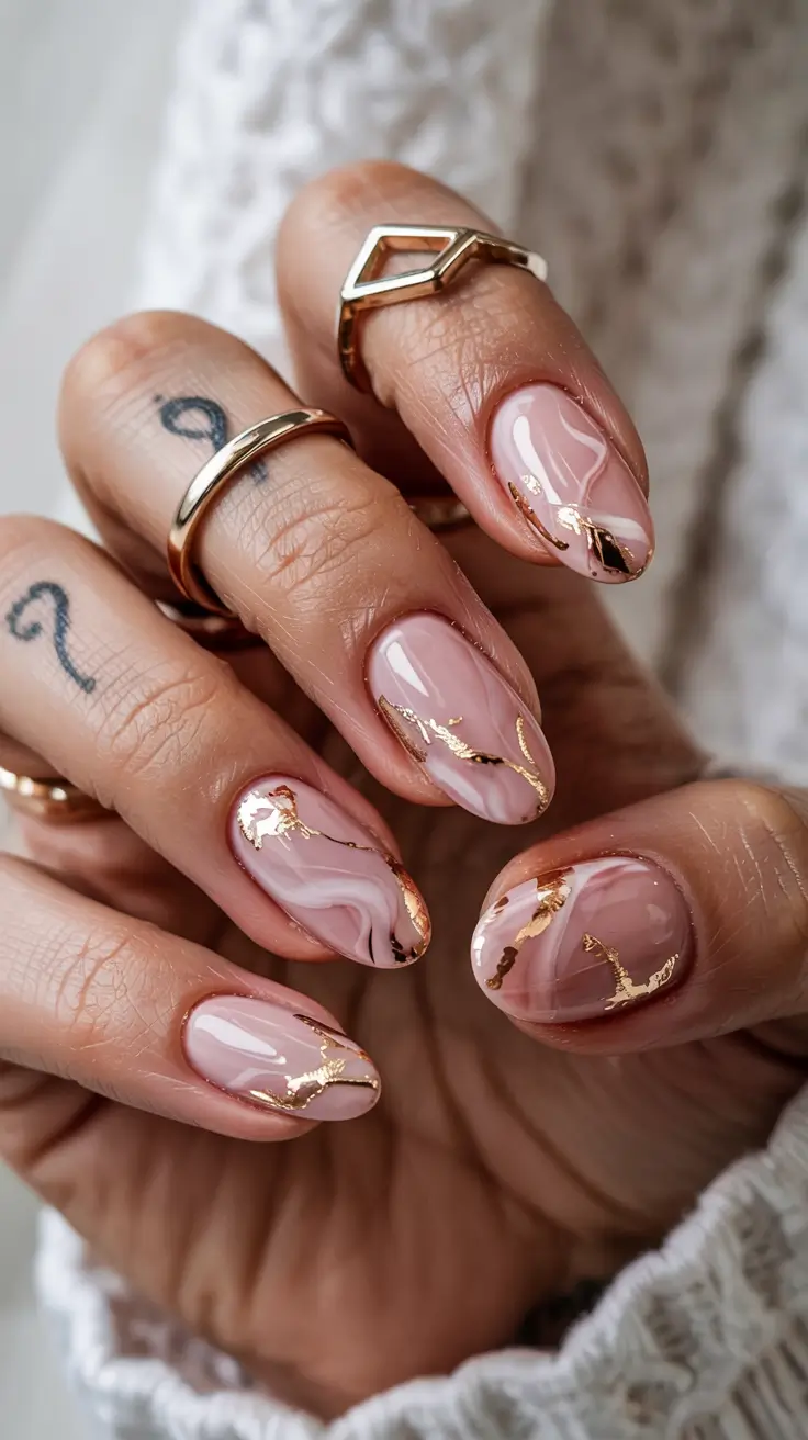 chic pretty spring nails design 2026 Blush stone swirl with gold vein accents