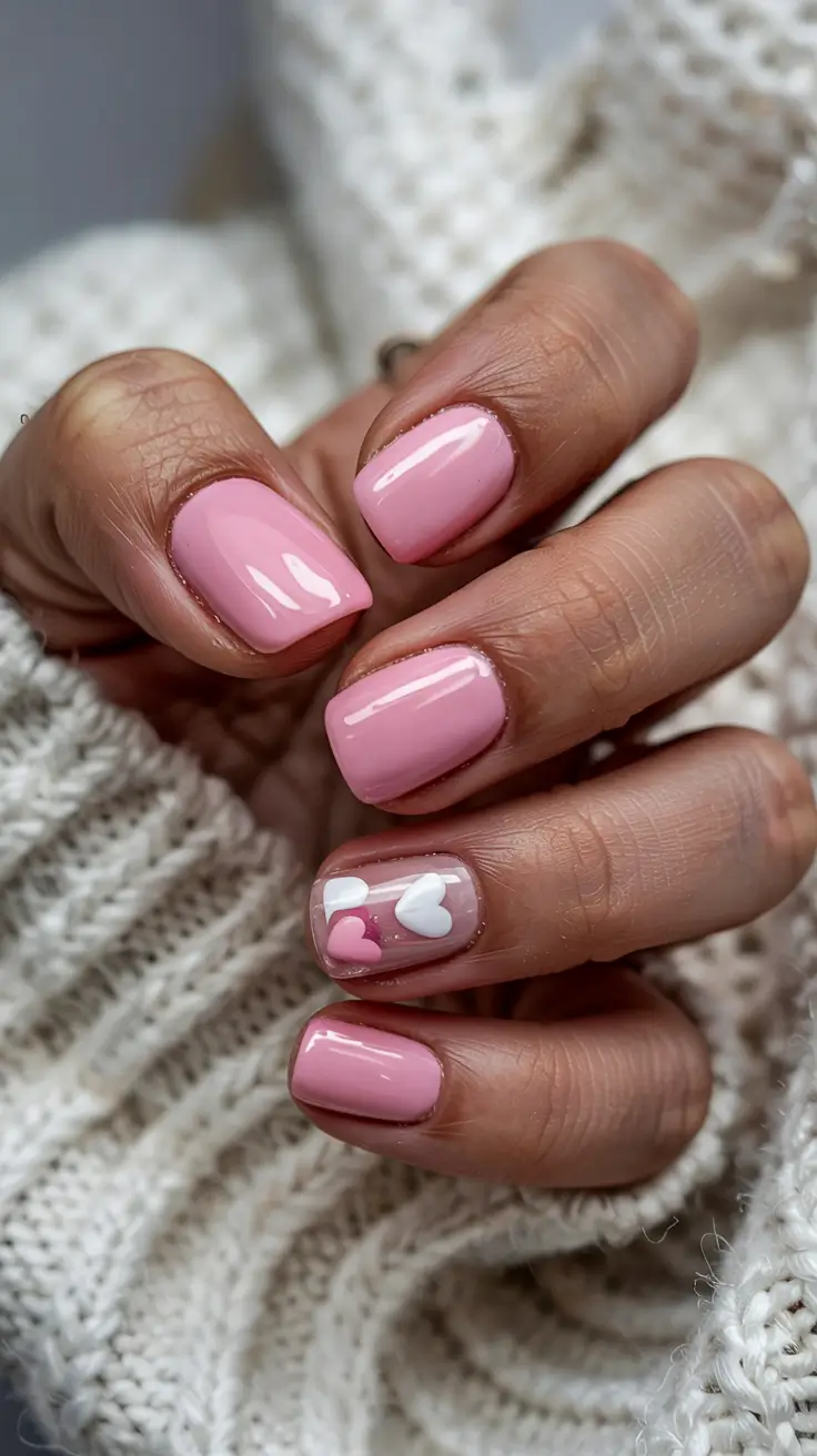 chic pretty spring nails design 2026 Soft bubblegum pink with playful heart accent