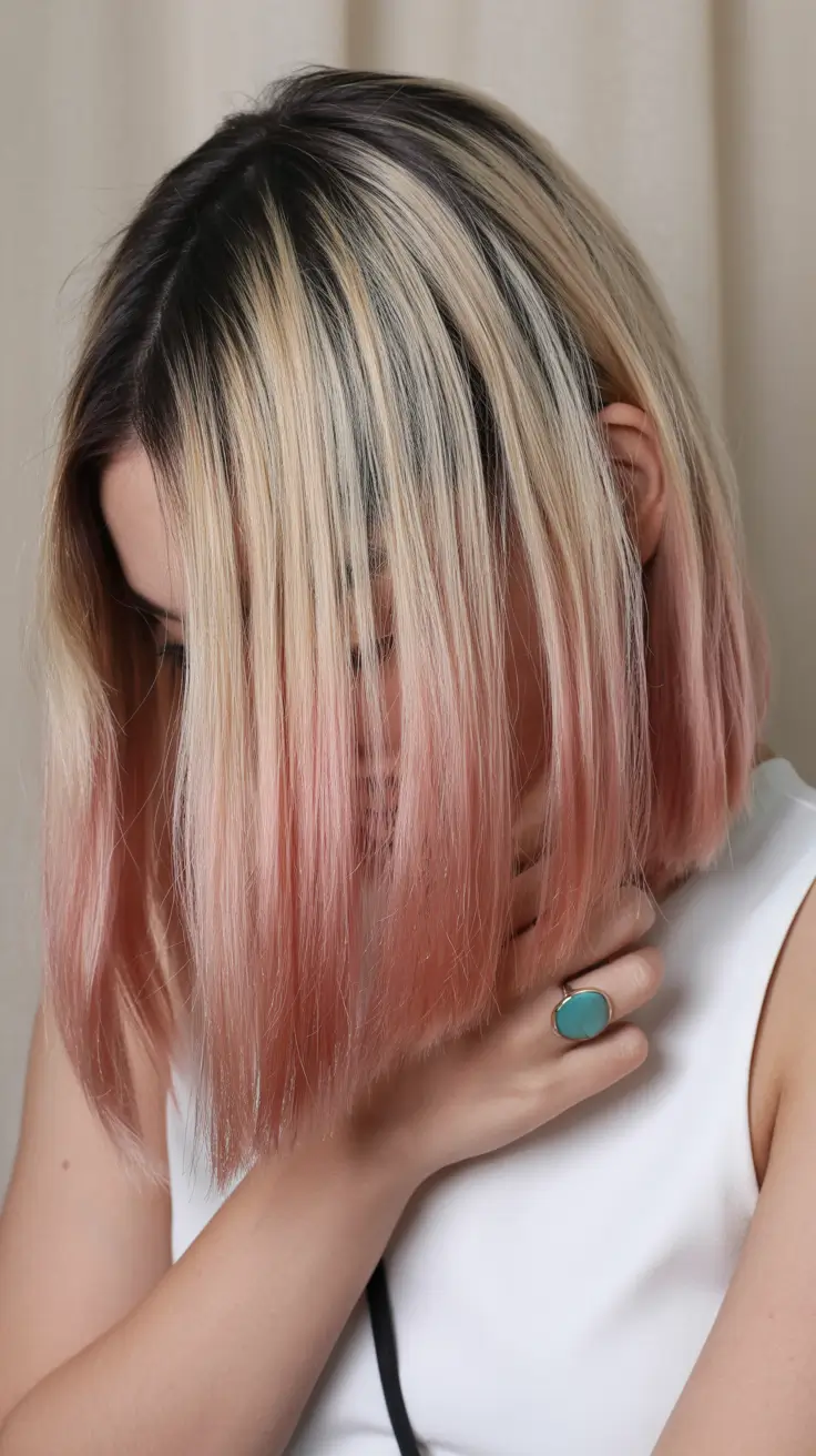 chic spring ombre hair color 2026 Blunt Blonde to Dusty Pink Ombre Bob