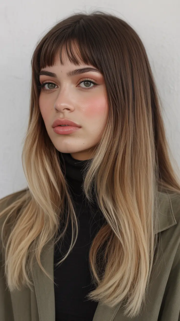 chic spring ombre hair color 2026 Soft Fringe with Honey Blonde Ombre Lengths