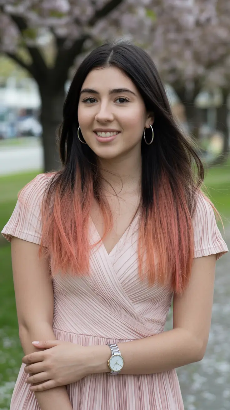 chic spring ombre hair color 2026 Dark Root to Coral Fade - The Modern Romantic