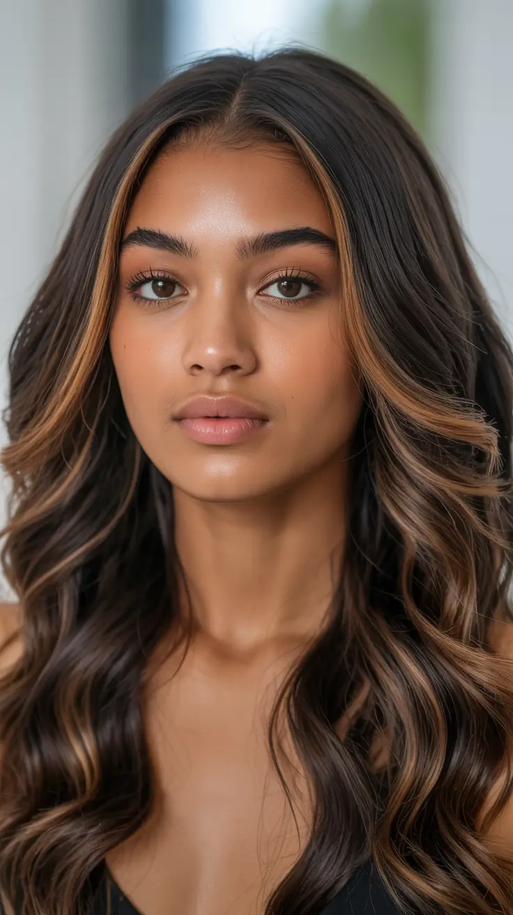 cool spring hair color for dark skin 2026 Soft Mocha Waves with Subtle Brightening