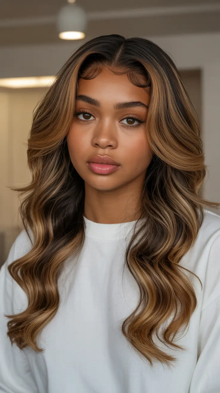 cool spring hair color for dark skin 2026 Golden Beige Layers with Airy Volume