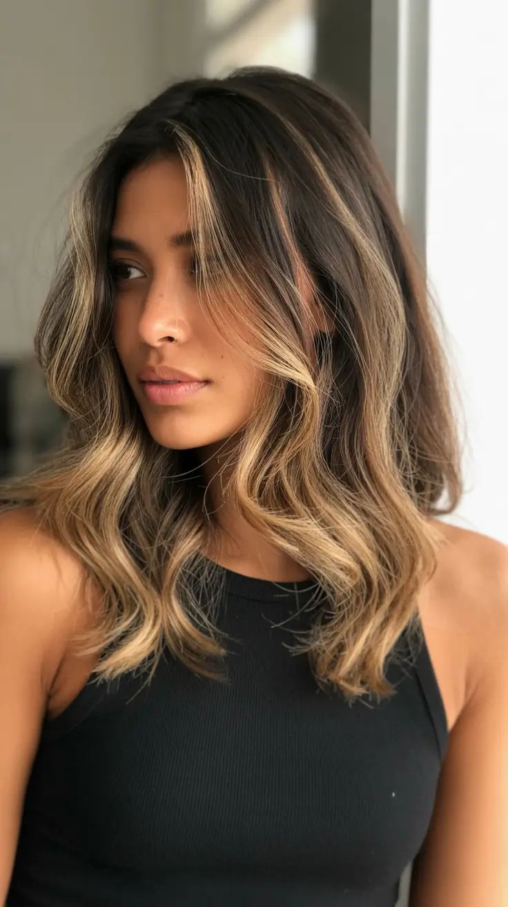 cool spring hair color for dark skin 2026 Neutral Bronde Lob with Modern Soft Waves