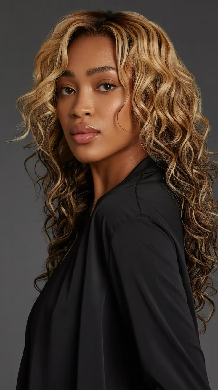 cool spring hair color for dark skin 2026 Golden Caramel Defined Curls with High Contrast