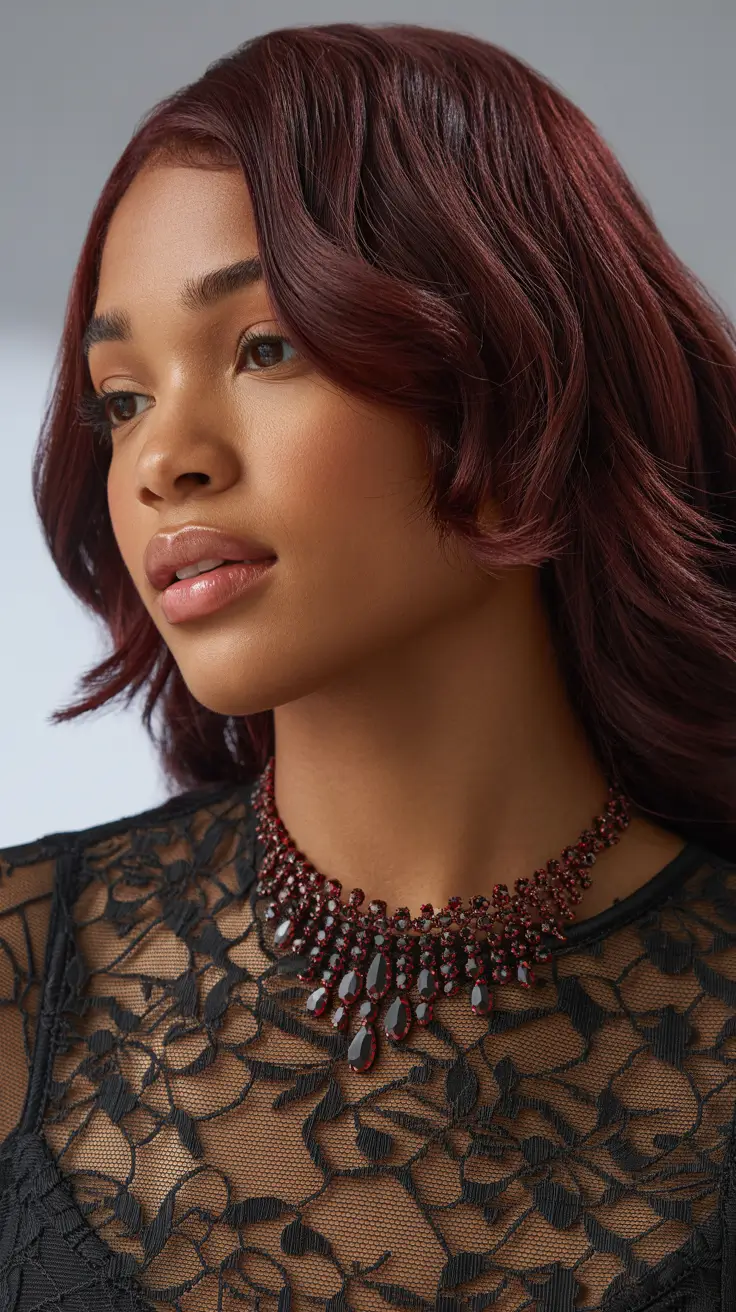 cool spring hair color for dark skin 2026 Rich Burgundy Layered Bob with Side Sweep