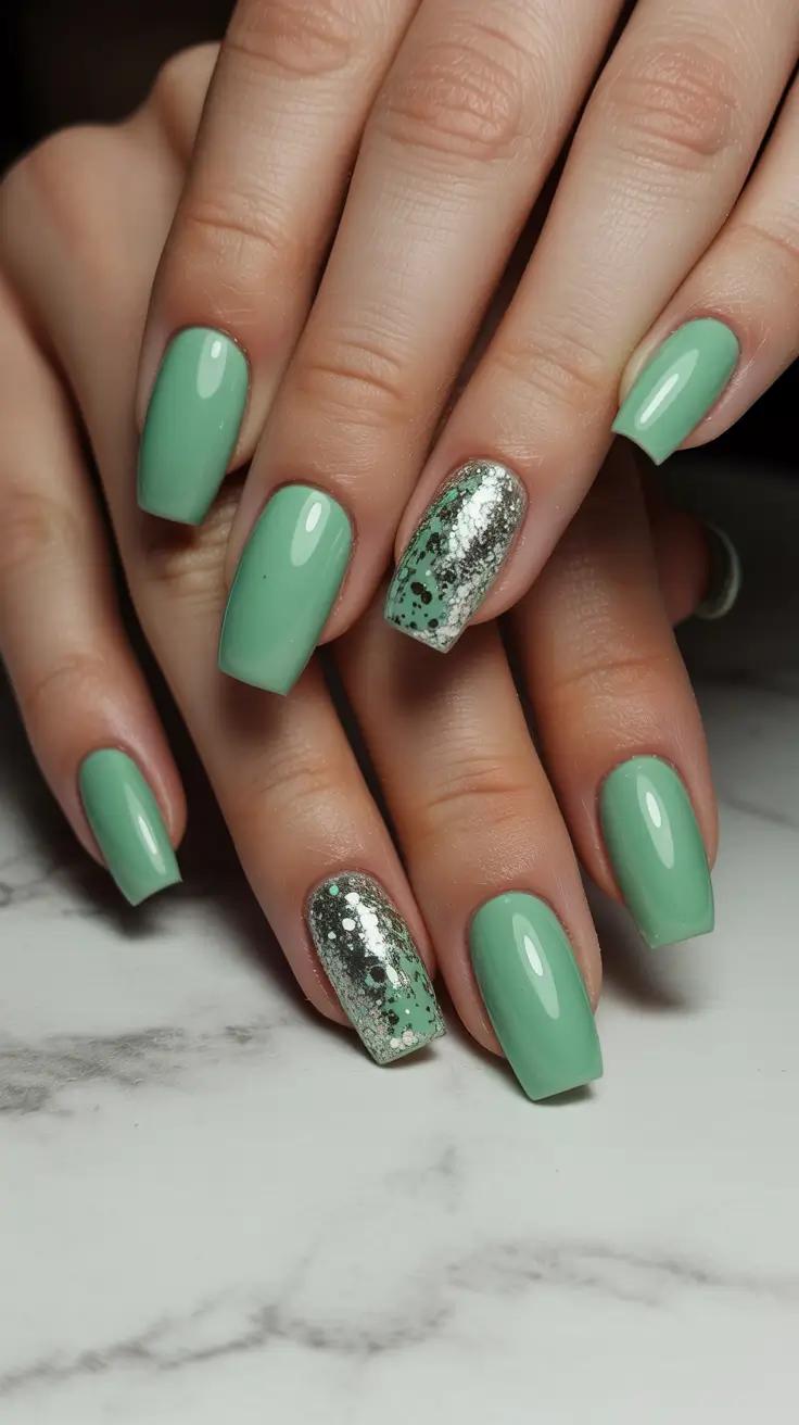 cute bright spring nails 2026 Fresh Mint Gloss with Metallic Fleck Accent