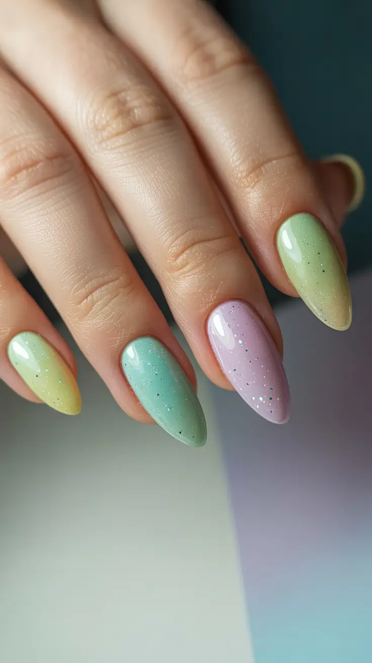 cute bright spring nails 2026 Speckled Pastel Garden Almond Mix