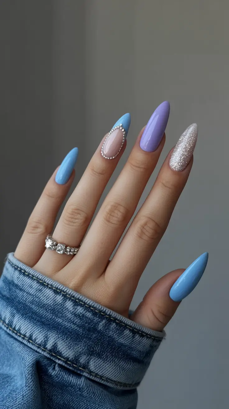 cute bright spring nails 2026 Pastel Glam Stiletto Crystal Frame