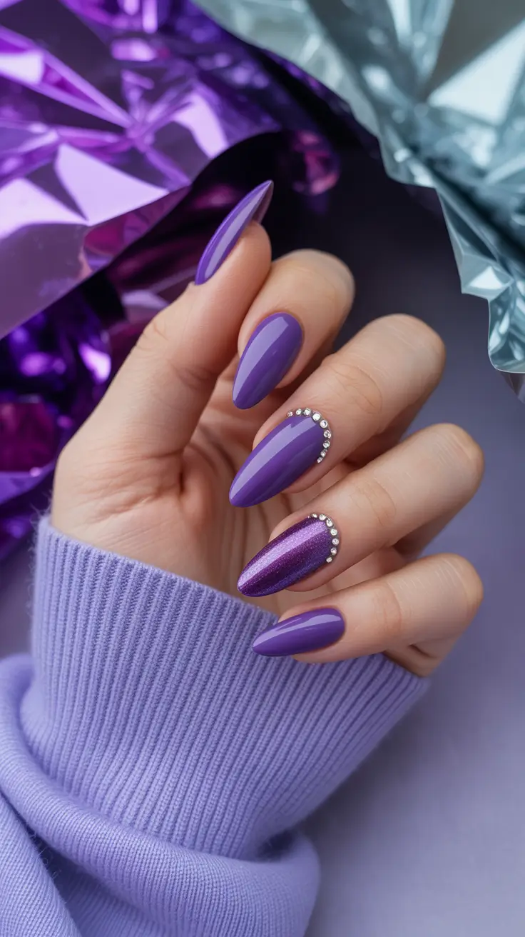 cute bright spring nails 2026 Violet Satin Glam with Crystal Outline