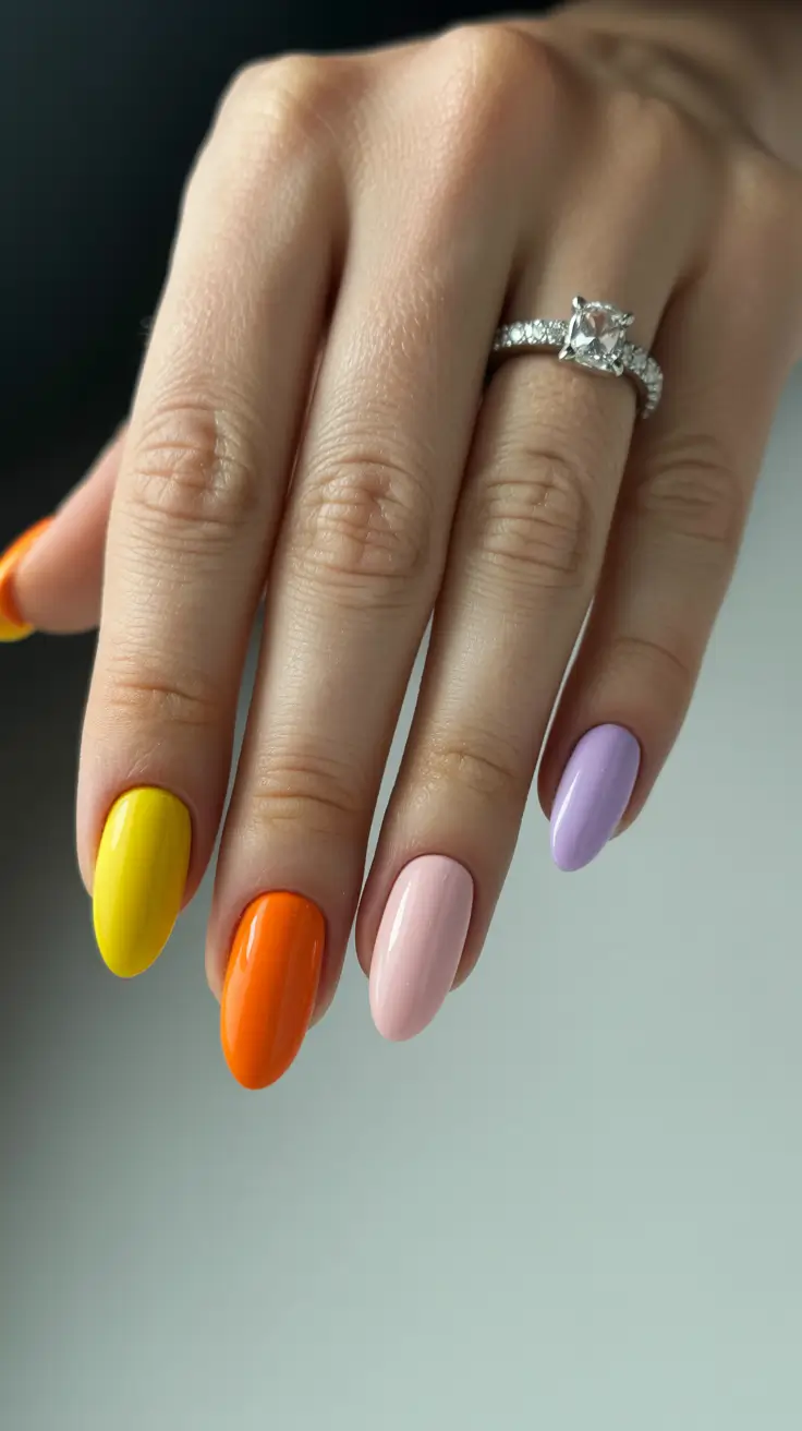 cute bright spring nails 2026 Rainbow Almond Bright Statement