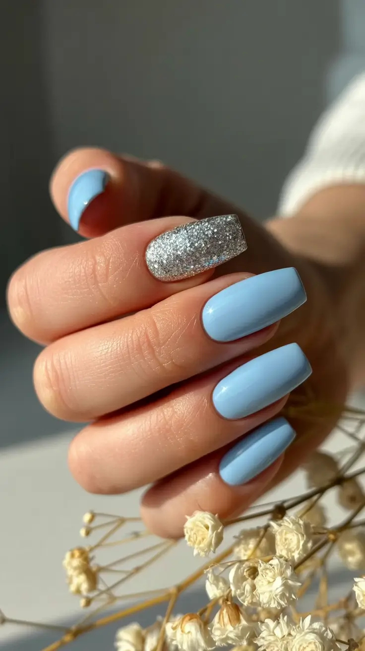 cute bright spring nails 2026 Powder Blue Chrome Glitter Balance
