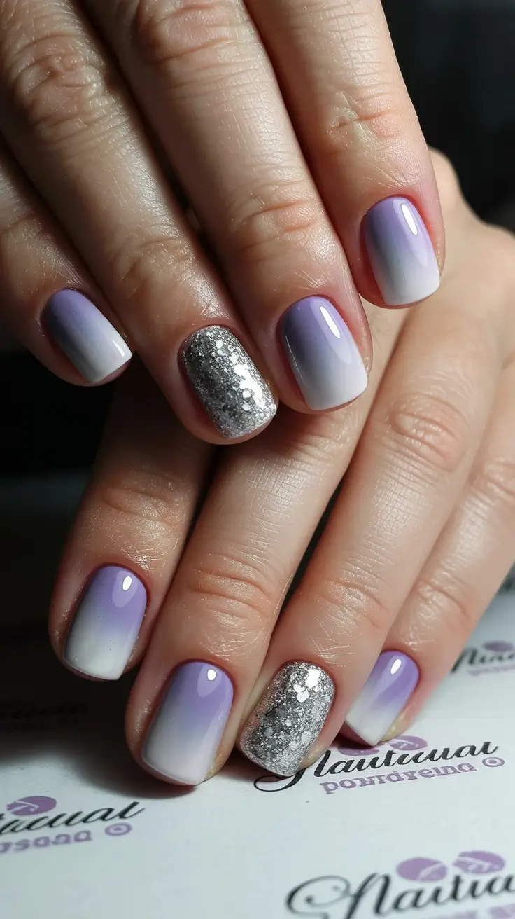 cute bright spring nails 2026 Lilac Ombre Melt with Silver Sparkle