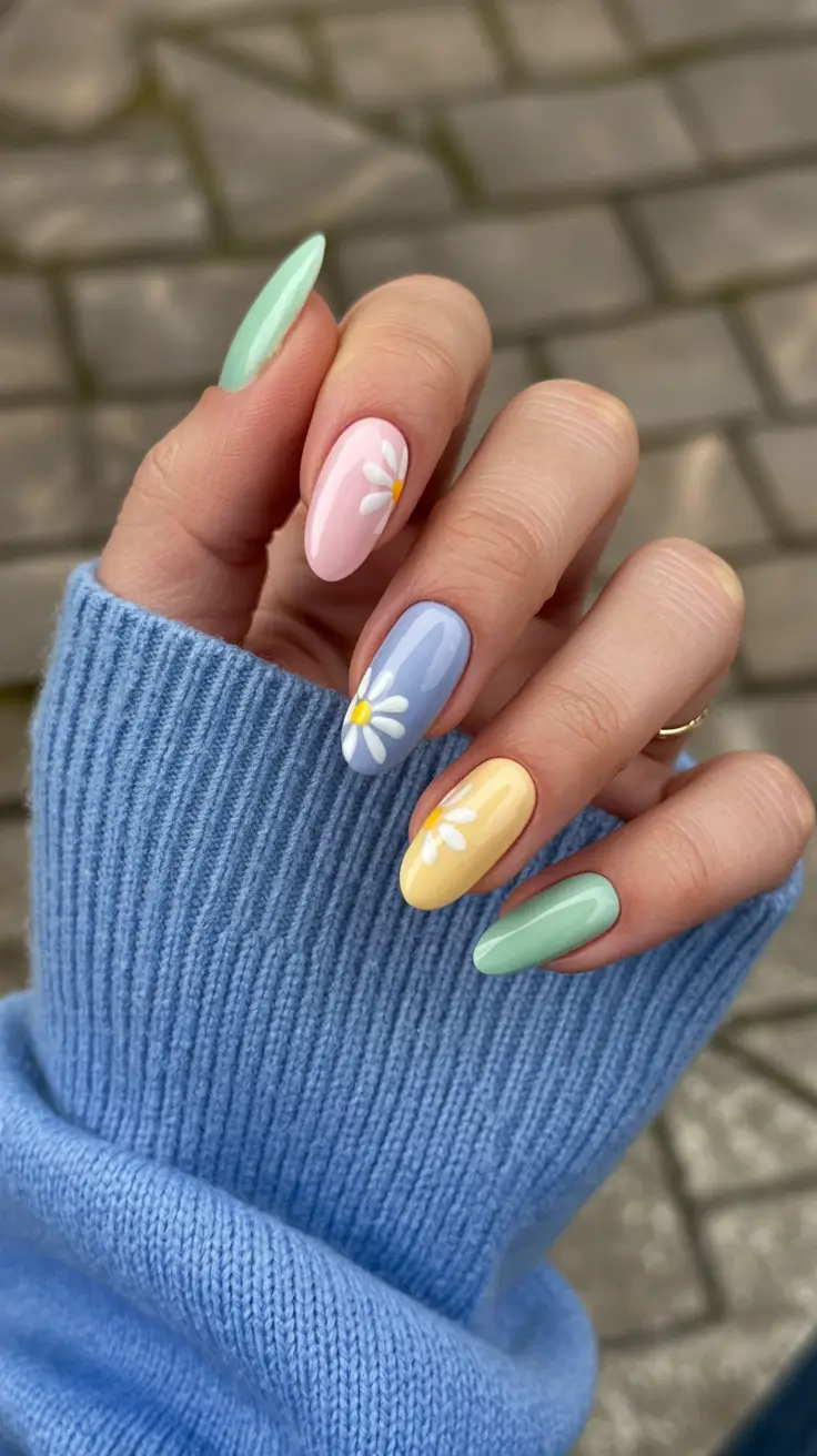 cute fun spring nails 2026 Pastel Daisy Pop for Fresh Spring Energy