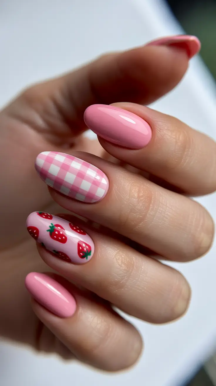 cute fun spring nails 2026 Strawberry Picnic Nail Art with Playful Gingham