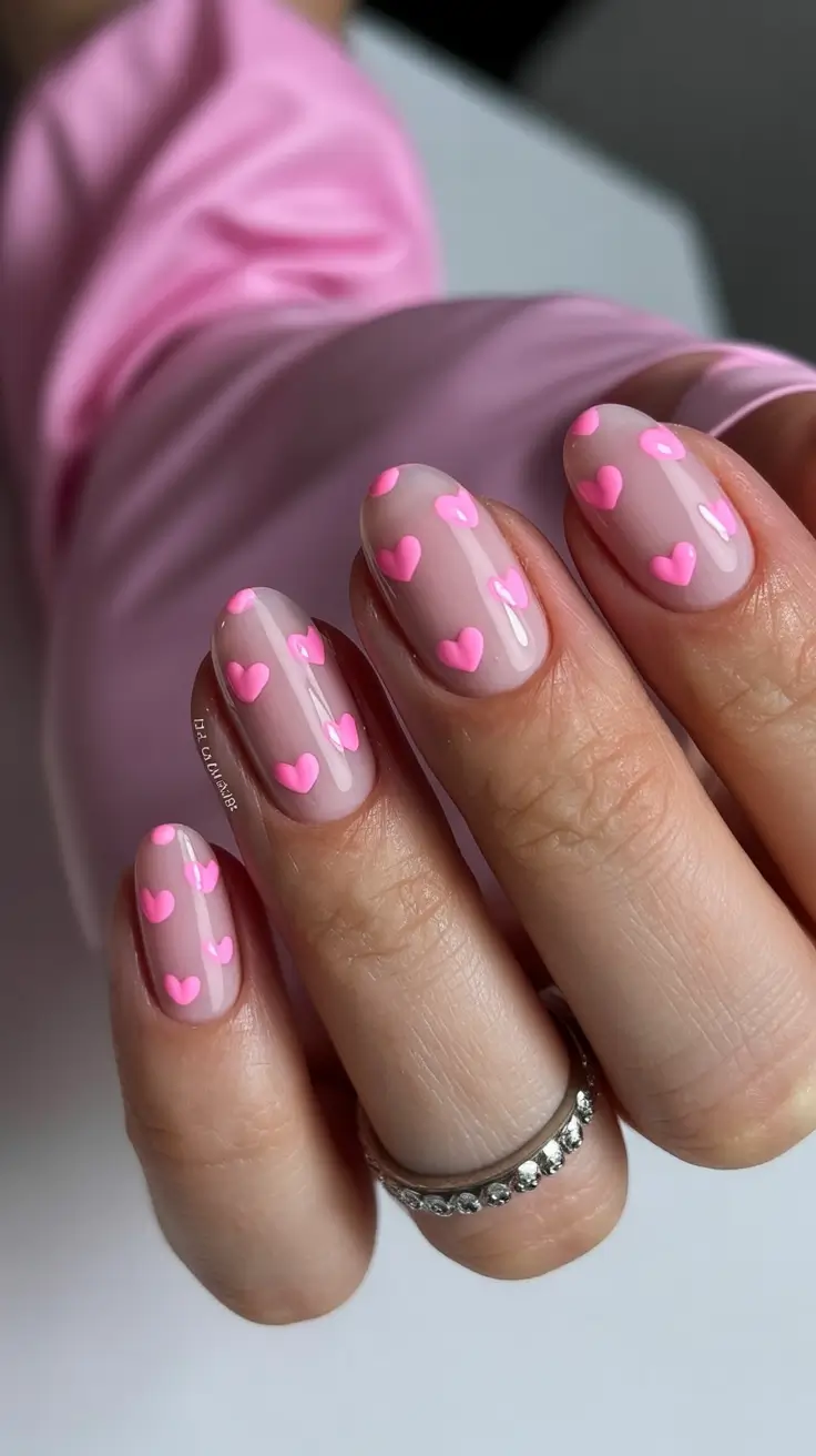 cute fun spring nails 2026 Minimal Pink Heart Sprinkle Manicure