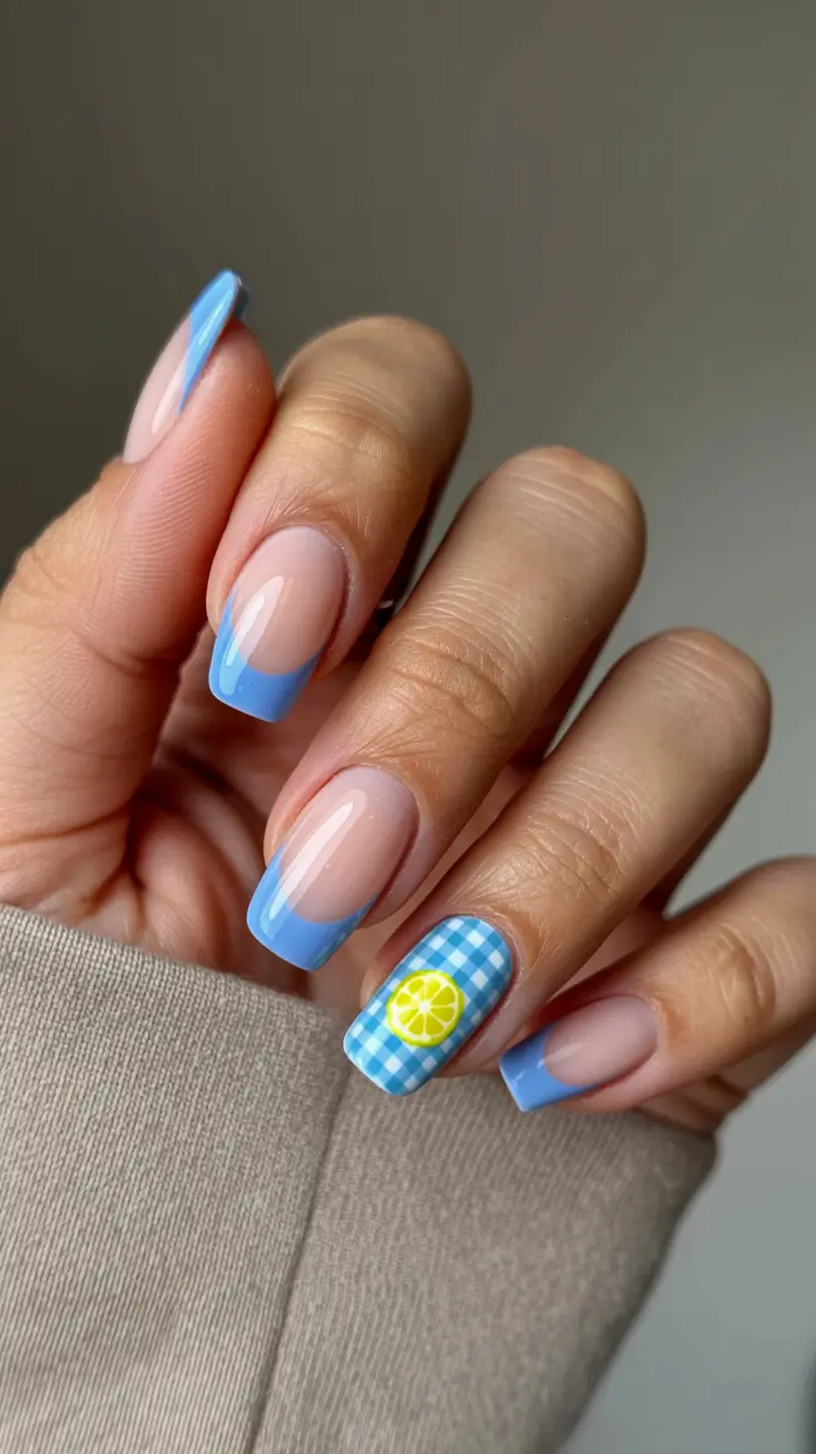 cute fun spring nails 2026 Sky Blue French with Lemon Picnic Accent
