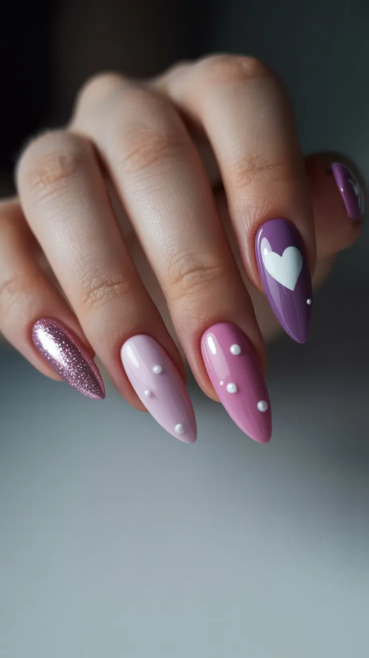 cute fun spring nails 2026 Pink and Violet Statement Heart Nail Design