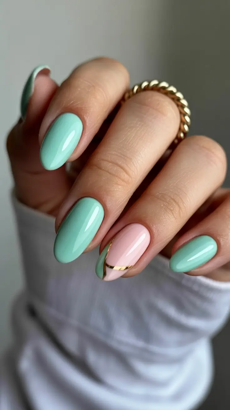 cute fun spring nails 2026 Mint Green Elegance with Gold Accent Detail