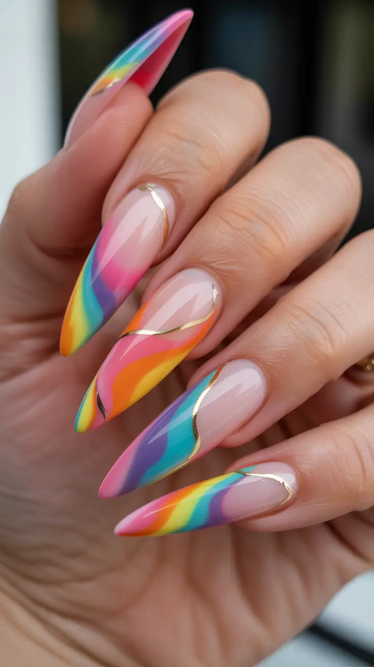 cute fun spring nails 2026 Rainbow Swirl Stiletto Nails with Gold Contour