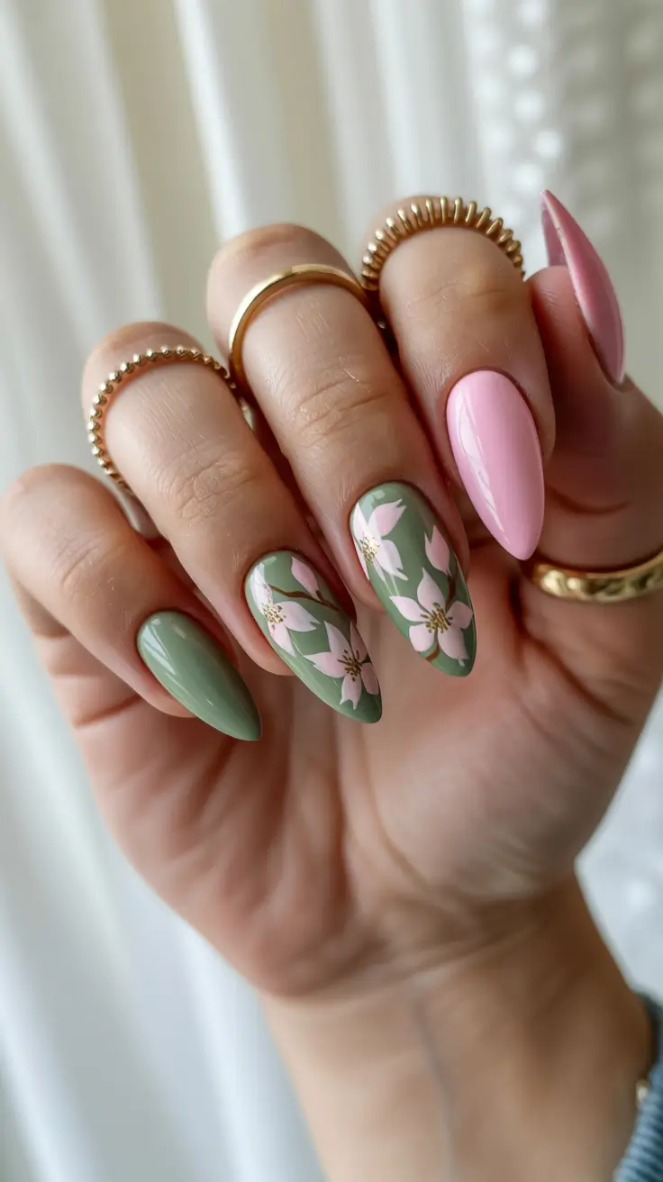 cute fun spring nails 2026 Botanical Sage Green Floral Nail Art