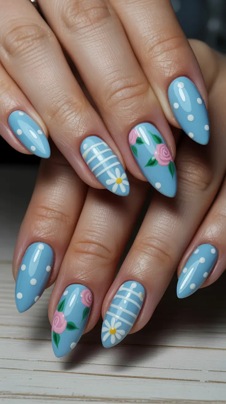 cute fun spring nails 2026 Vintage Blue Floral Polka Dot Nails