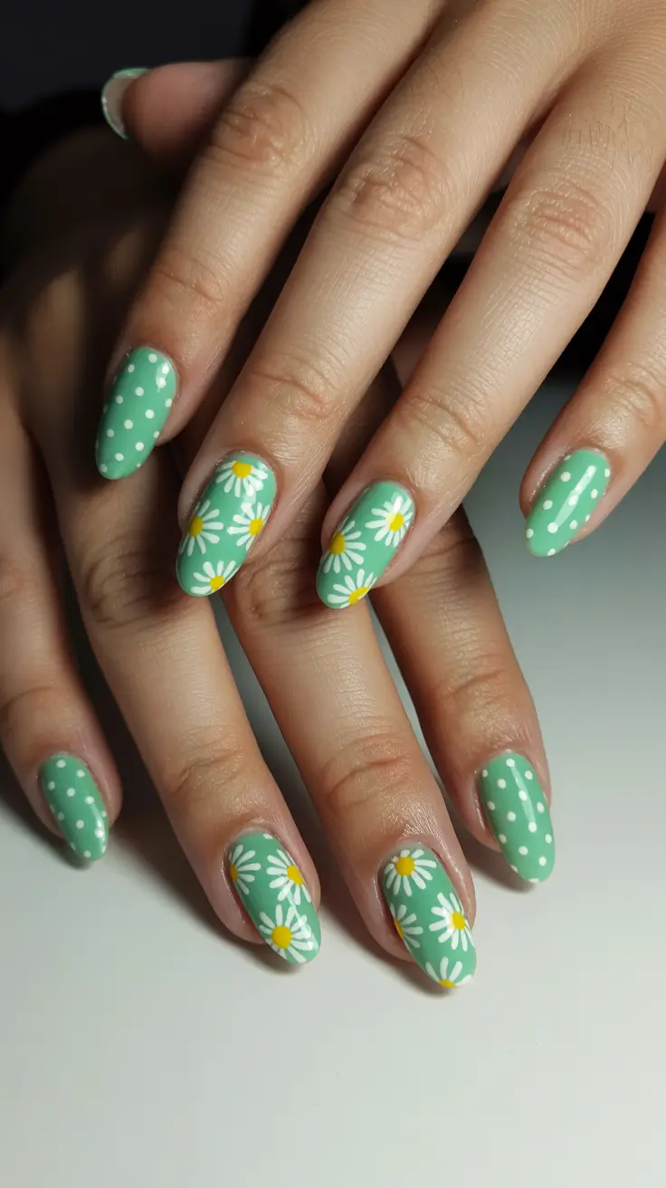 cute fun spring nails 2026 Mint Daisy Polka Dot Spring Nails