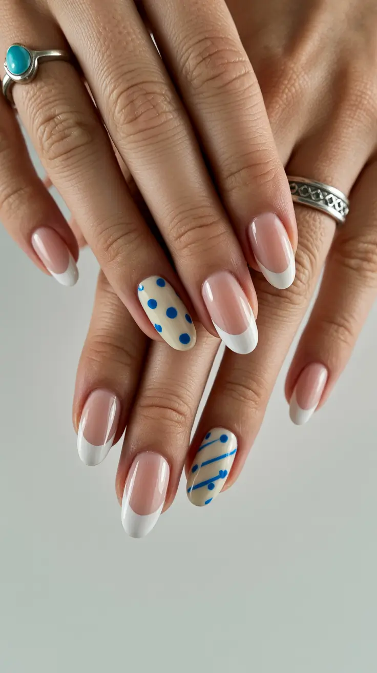 cute fun spring nails 2026 Soft Classic French with Blue Graphic Details