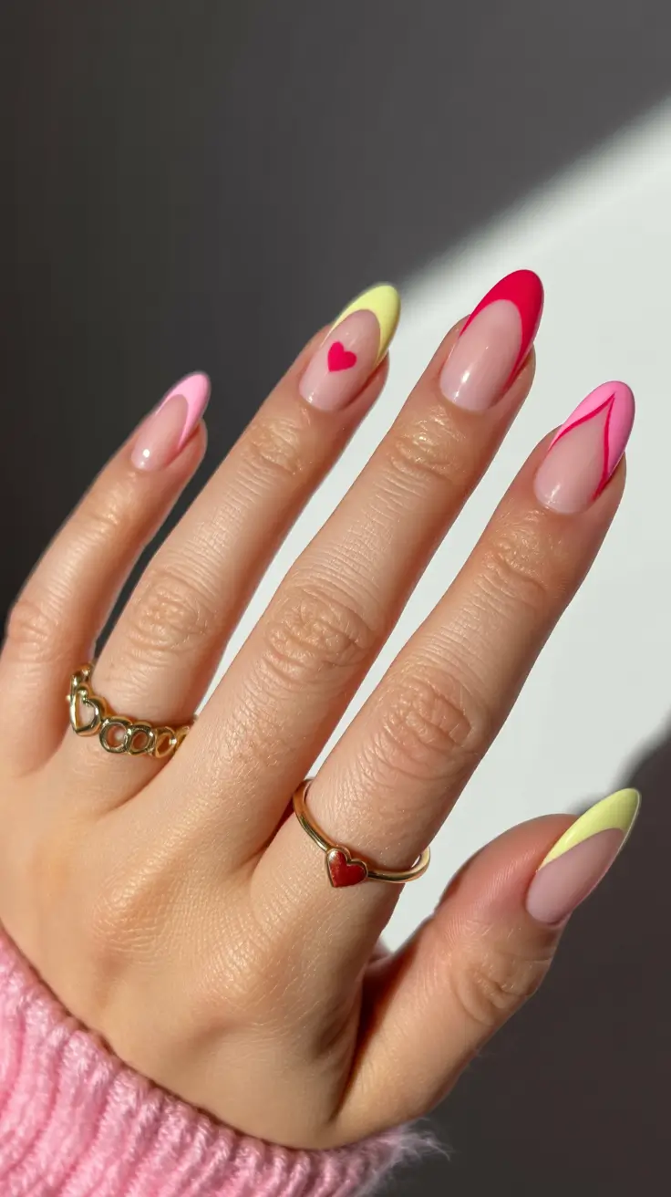 cute fun spring nails 2026 Neon-Tipped Hearts for Playful Romance