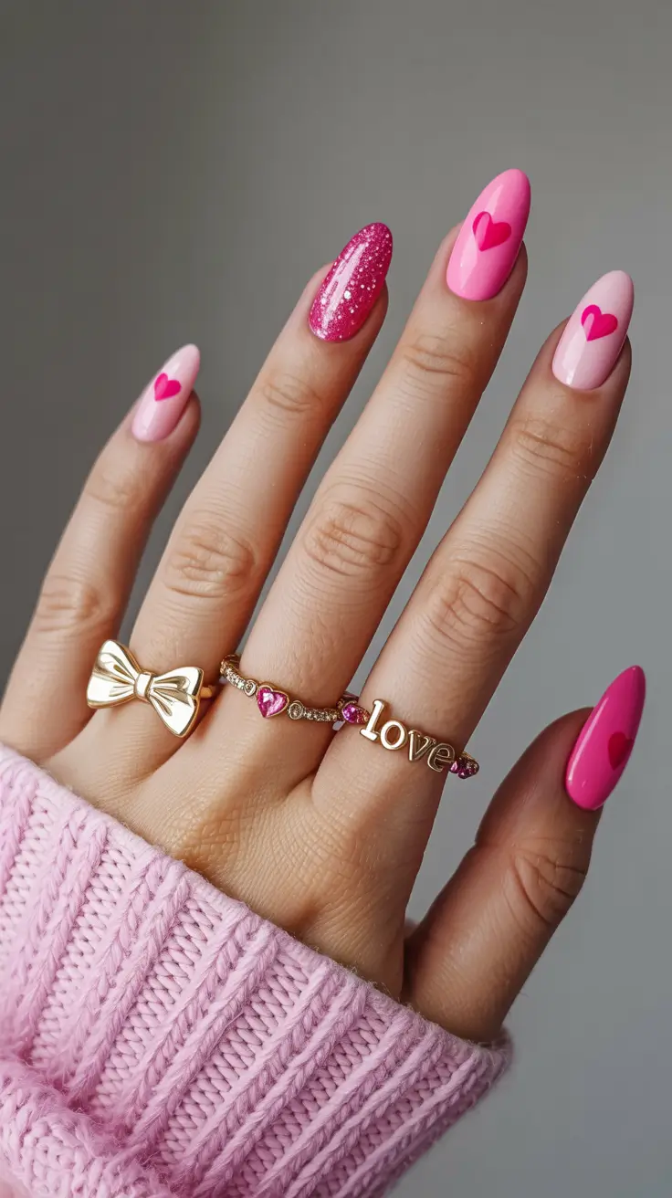 cute fun spring nails 2026 Glossy Pink Romance with Sweet Heart Details