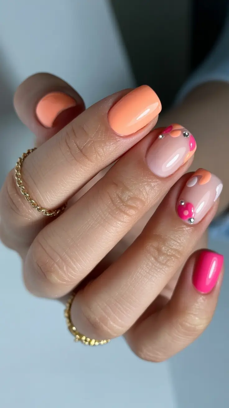 cute fun spring nails 2026 Peach and Fuchsia Abstract Spring Color Play
