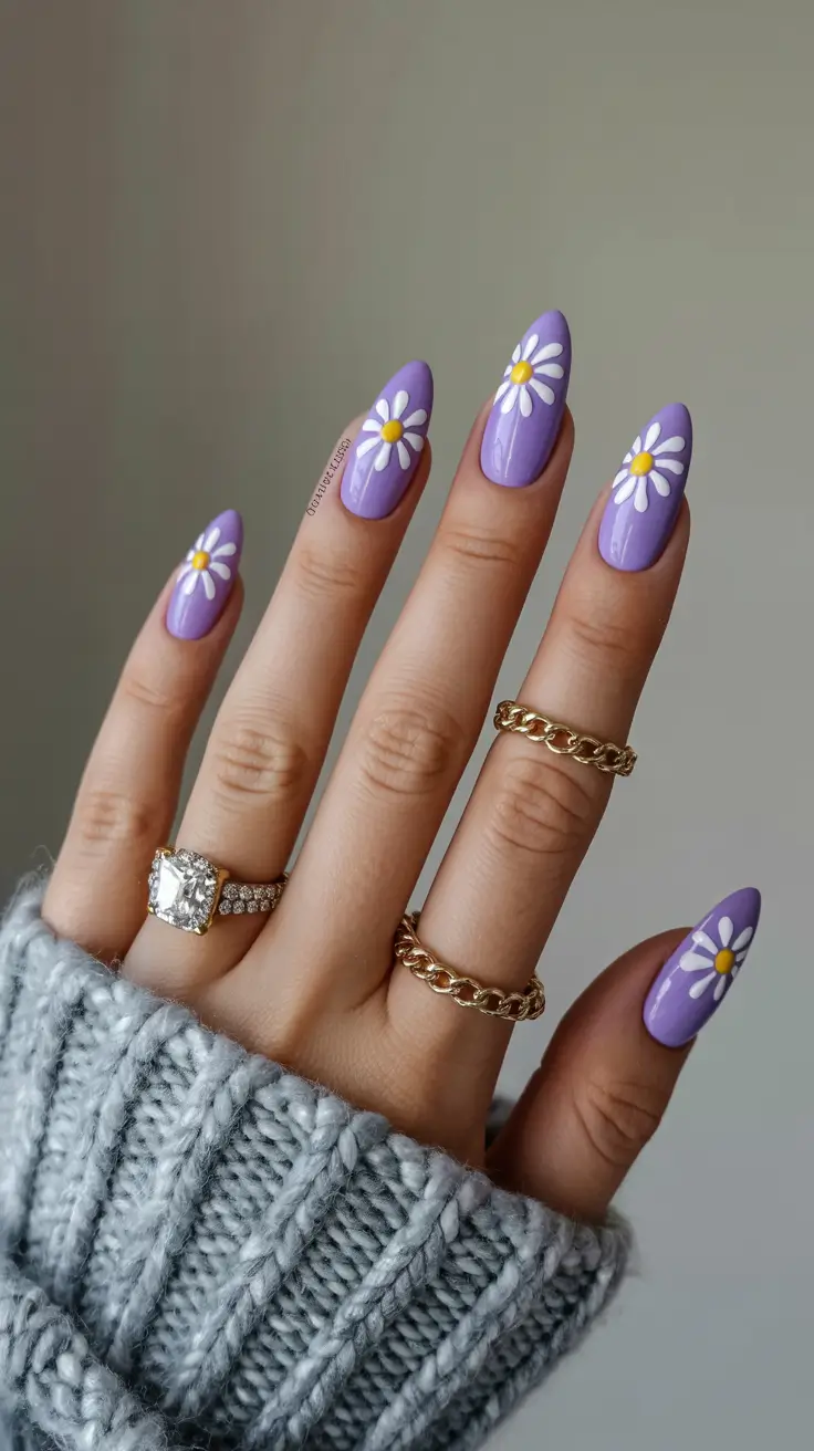 cute fun spring nails 2026 Lavender Daisy Nails for Soft Spring Statements