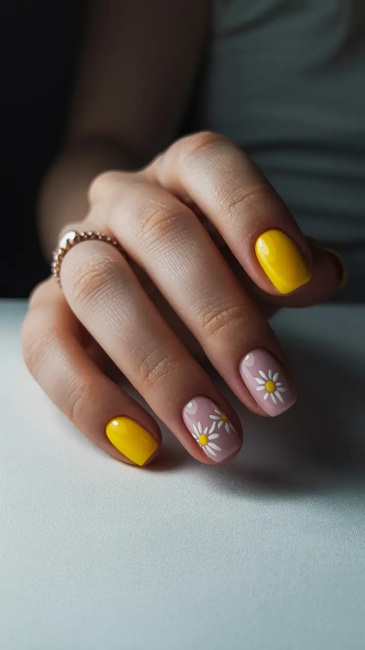 cute simple spring nails 2026 Sunny Daisies and Butter Yellow Accents
