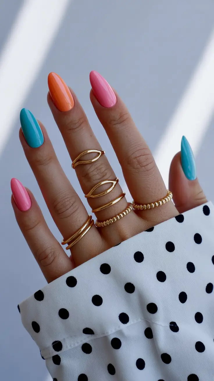 cute simple spring nails 2026 Color Pop Almond in Coral and Turquoise