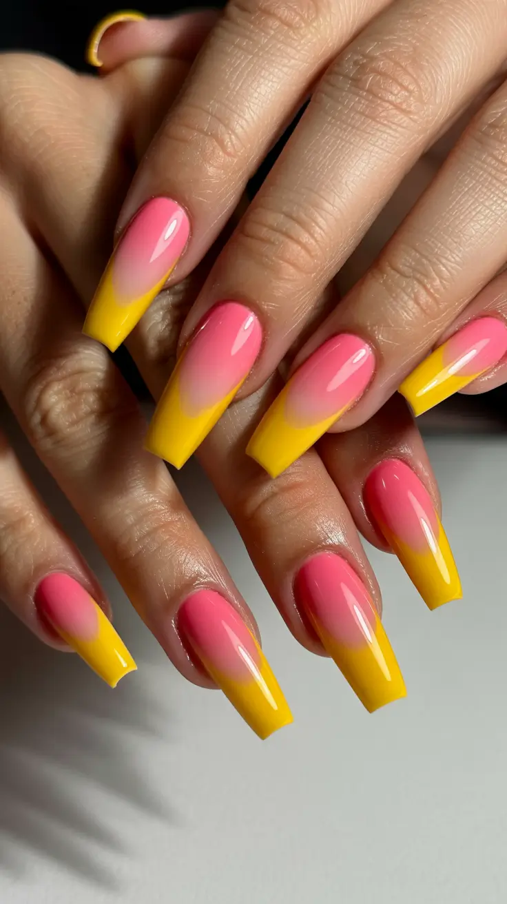 cute simple spring nails 2026 Pink to Yellow Ombre Fade