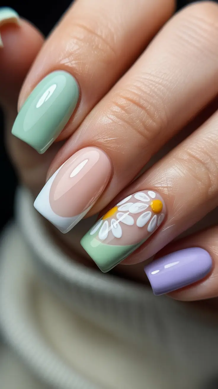 cute simple spring nails 2026 Pastel French with Daisy Accent